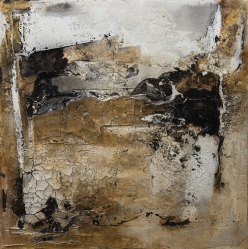 Fragmente, schwarz-weiß in Ocker, 2014, 100 cm x 100cm